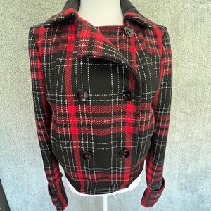Express Plaid Wool Blend Jacket M Red Black Cropped Double Breasted 2008